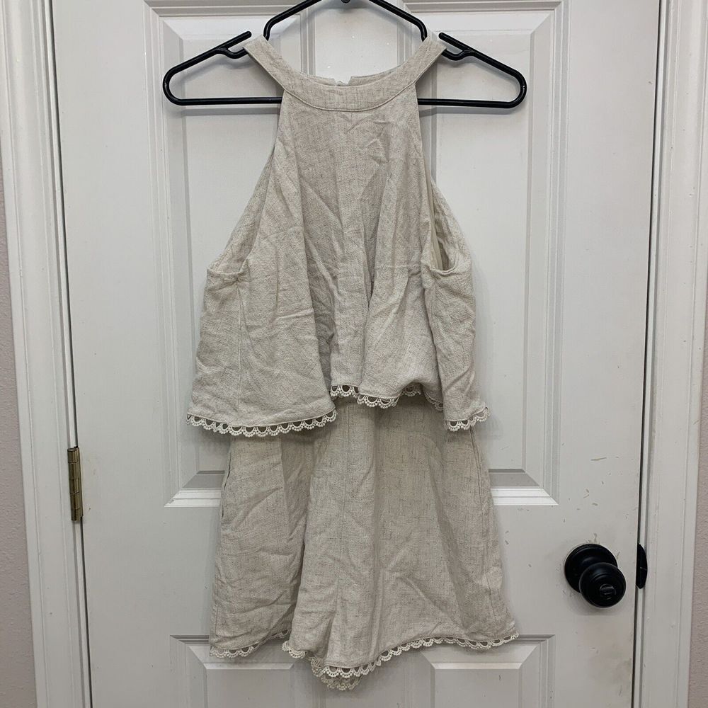 Sage The Label Women Sz S Sleeveless Romper Linen Layered Look High Neck Pockets
